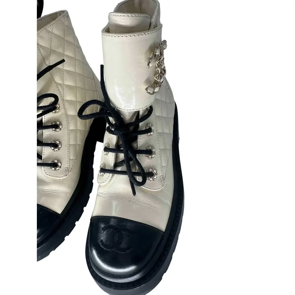 Chanel Goatskin Quilted Chain CC Cap Toe Lace Up Combat Boots Ivory Women's 37.5